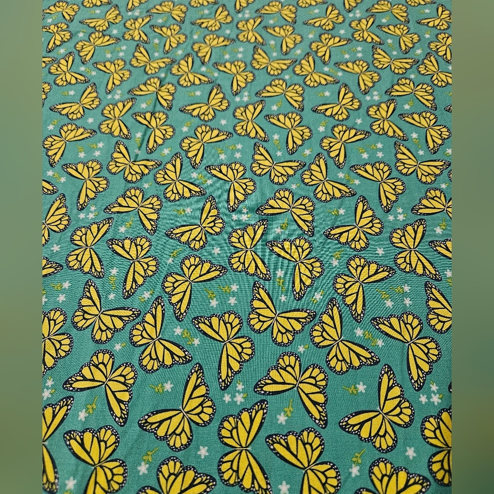 Yellow Butterfly Cotton Print on Teal Background By The Yard - Picture 1 of 3